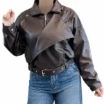 بامبر چرم دو یقه قهوه ایی یقه دوم باز