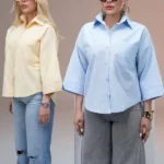 شومیز استین 3 ربع آبی روشن و زرد