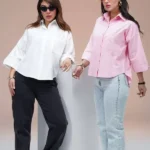 شومیز استین 3 ربع سفید و صورتی