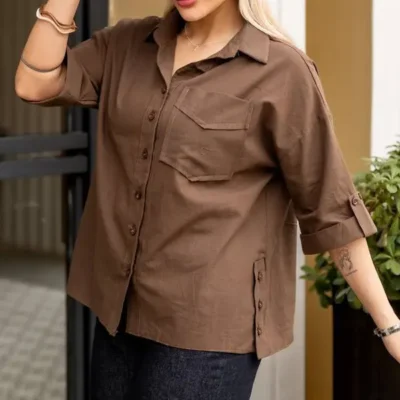 شومیز دخترانه چاک دار 3 دکمه قهوه ایی