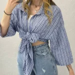 شومیز راه راه جلو گره آبی رنگ