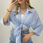 شومیز راه راه جلو گره آبی روشن