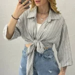 شومیز راه راه جلو گره رنگ دودی