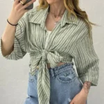 شومیز راه راه جلو گره سبز یشمی