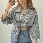 شومیز راه راه جلو گره طوسی