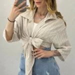 شومیز راه راه جلو گره کرم روشن