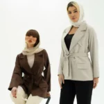 کت 2 جیب کمربند دار قهوه ایی سفید